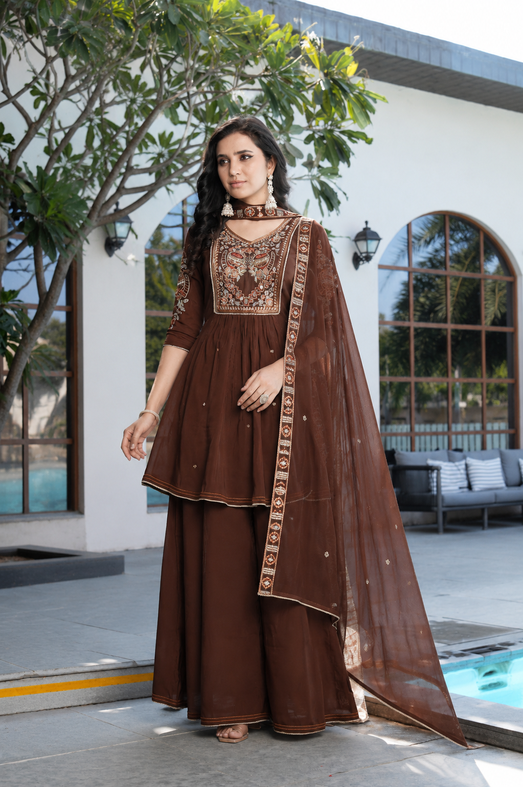 Pearl White Botanical Embellished Anarkali Kurti, Pant & Dupatta Ensemble Luxe Festive