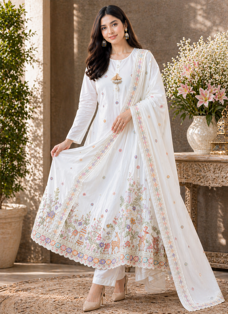 Pearl White Botanical Embellished Anarkali Kurti, Pant & Dupatta Ensemble Luxe Festive