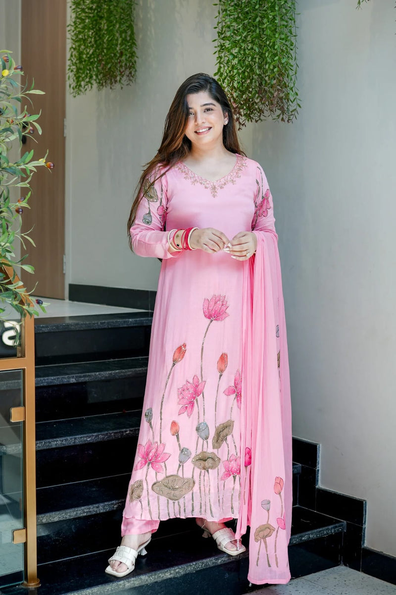 Blush Pink Botanical Embellished Straight cut Kurti, Pant & Dupatta Ensemble