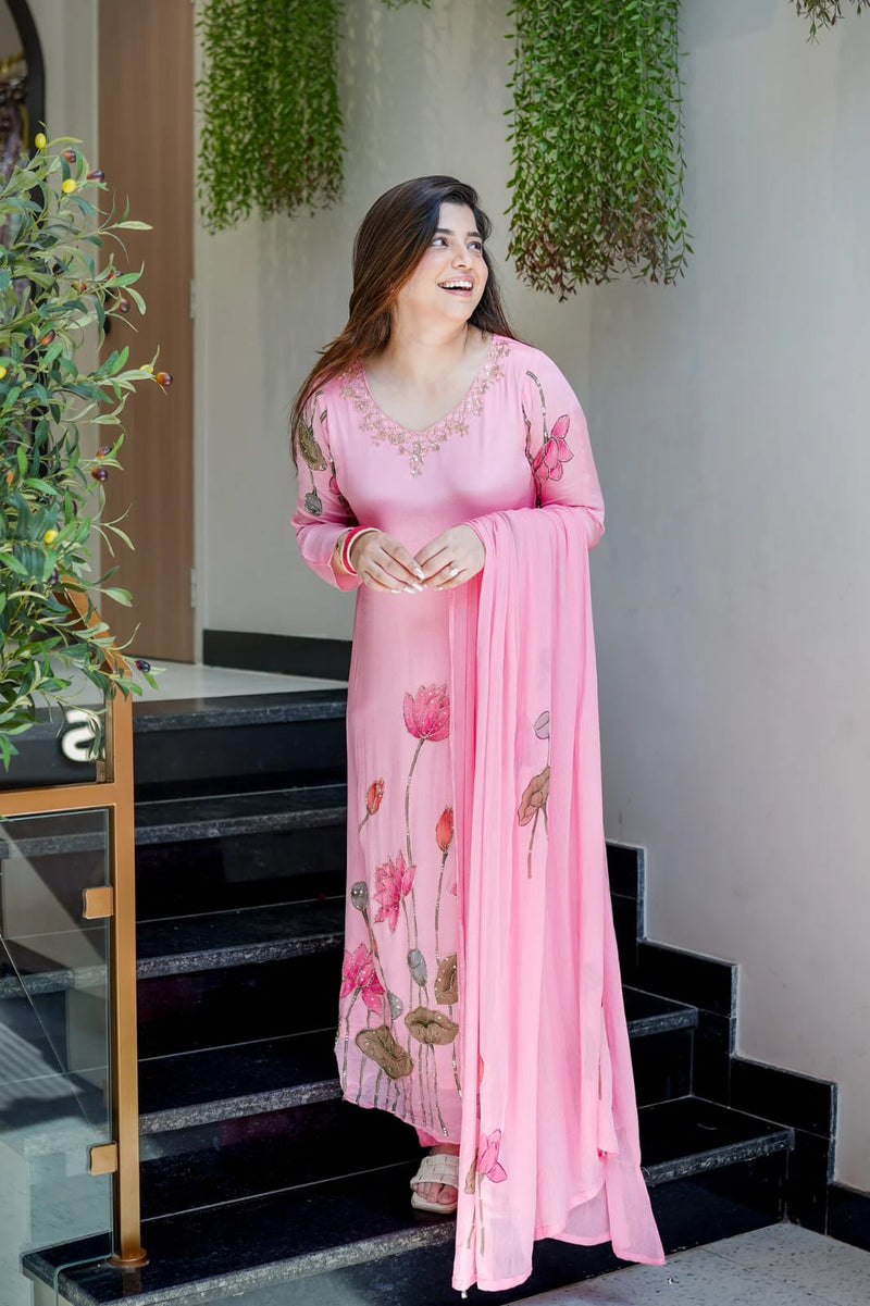 Blush Pink Botanical Embellished Straight cut Kurti, Pant & Dupatta Ensemble