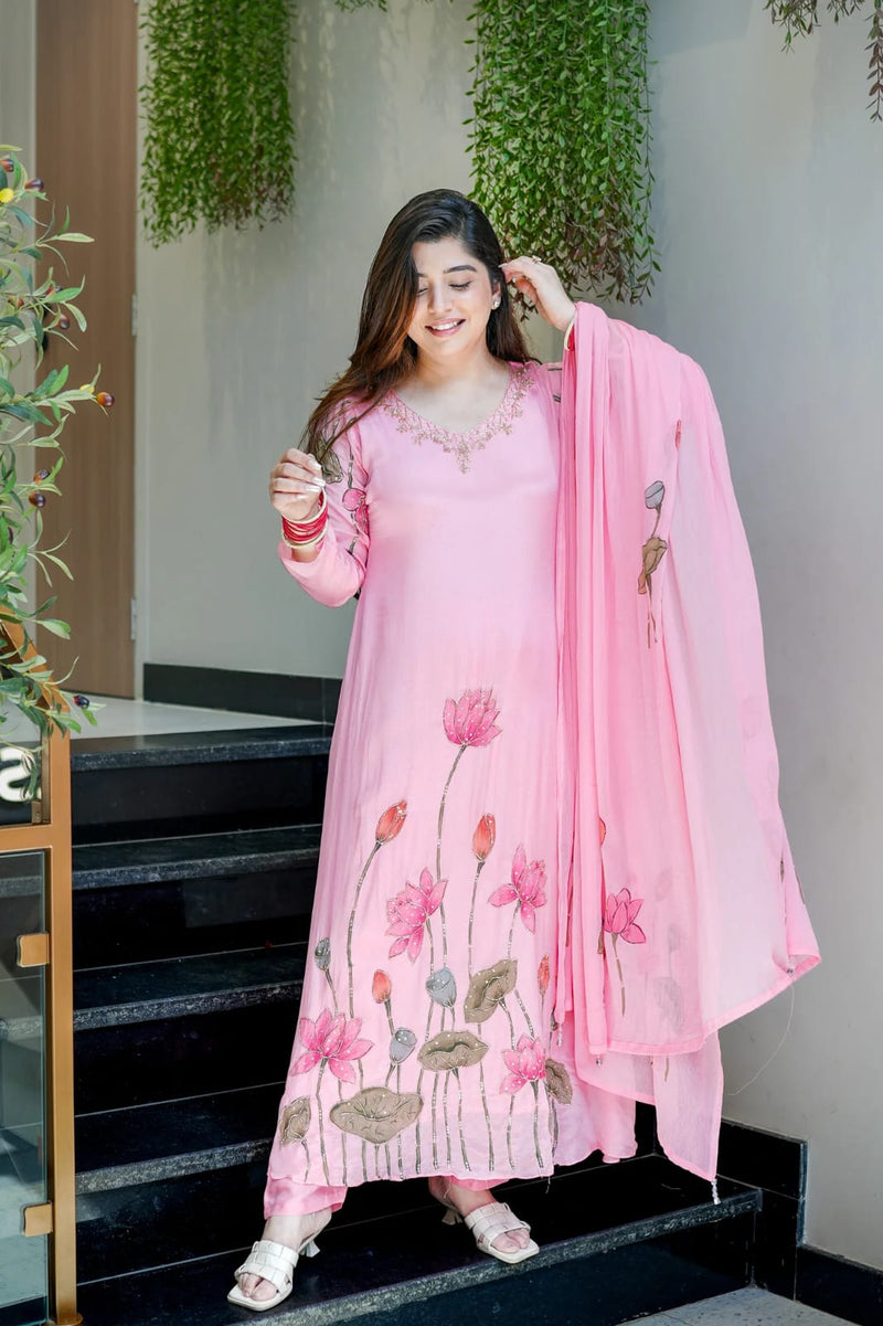 Blush Pink Botanical Embellished Straight cut Kurti, Pant & Dupatta Ensemble