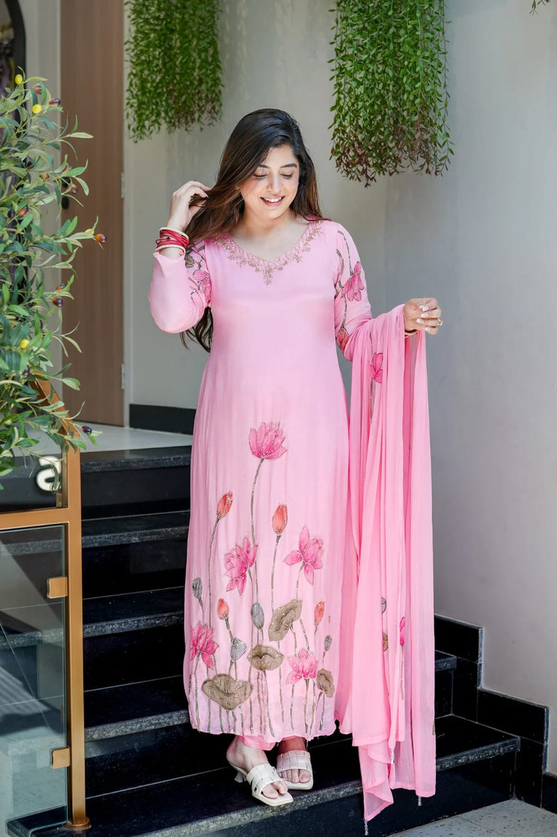 Blush Pink Botanical Embellished Straight cut Kurti, Pant & Dupatta Ensemble