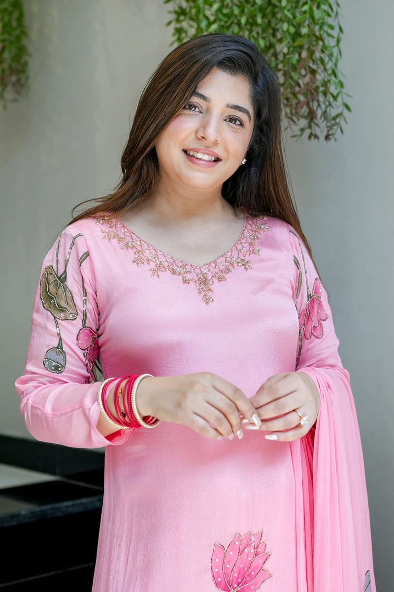 Blush Pink Botanical Embellished Straight cut Kurti, Pant & Dupatta Ensemble