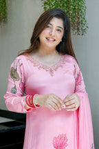 Blush Pink Botanical Embellished Straight cut Kurti, Pant & Dupatta Ensemble