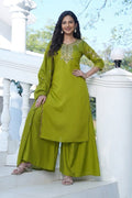 Olive Green Embroidered Viscose Silk Suit Set