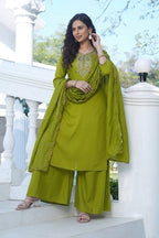 Olive Green Embroidered Viscose Silk Suit Set