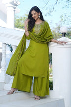 Olive Green Embroidered Viscose Silk Suit Set