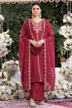 Wine Embroidered Faux Georgette Suit Set