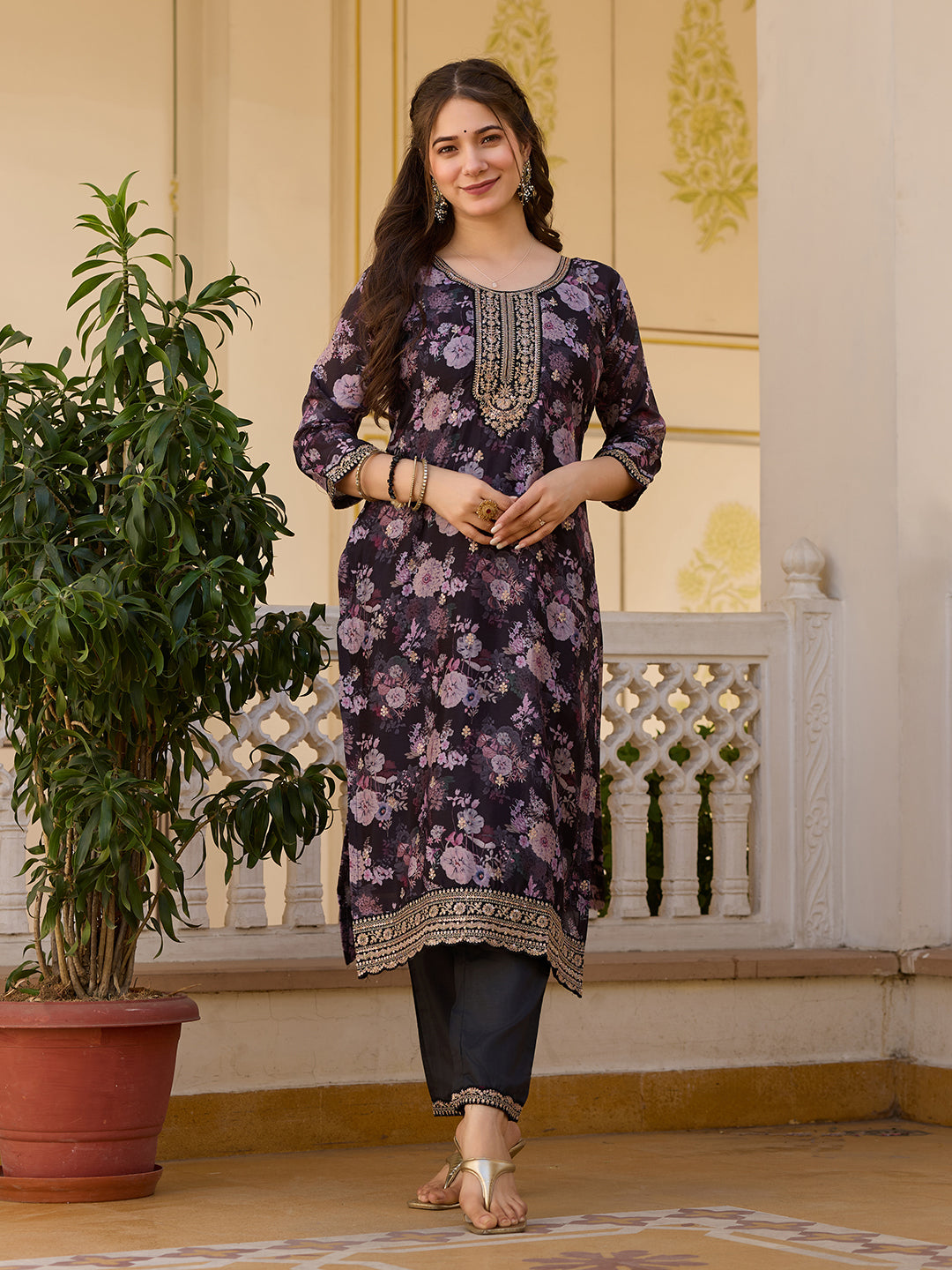 Black Floral Printed Suit Sets