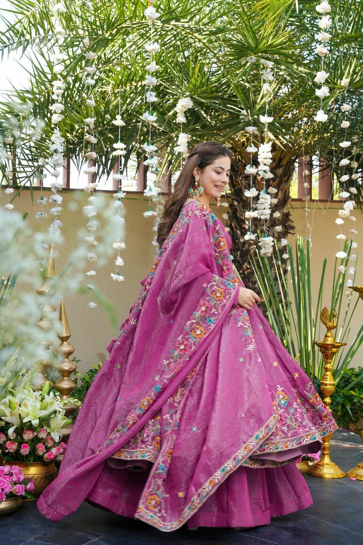 Magenta Pink Floral Crunchy Silk Anarkali Suit Set
