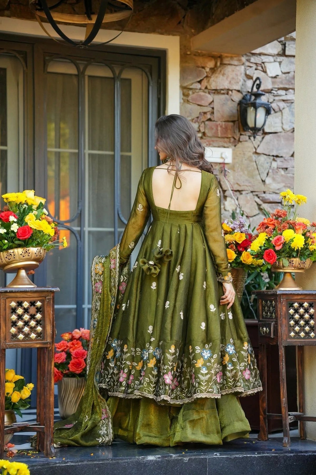 Olive Sage Botanical Embellished Crunchy Silk Anarkali Suit Ensemble