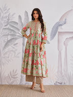 Botanical Jaipuri Cotton Flared Anarkali Suit Ensemble