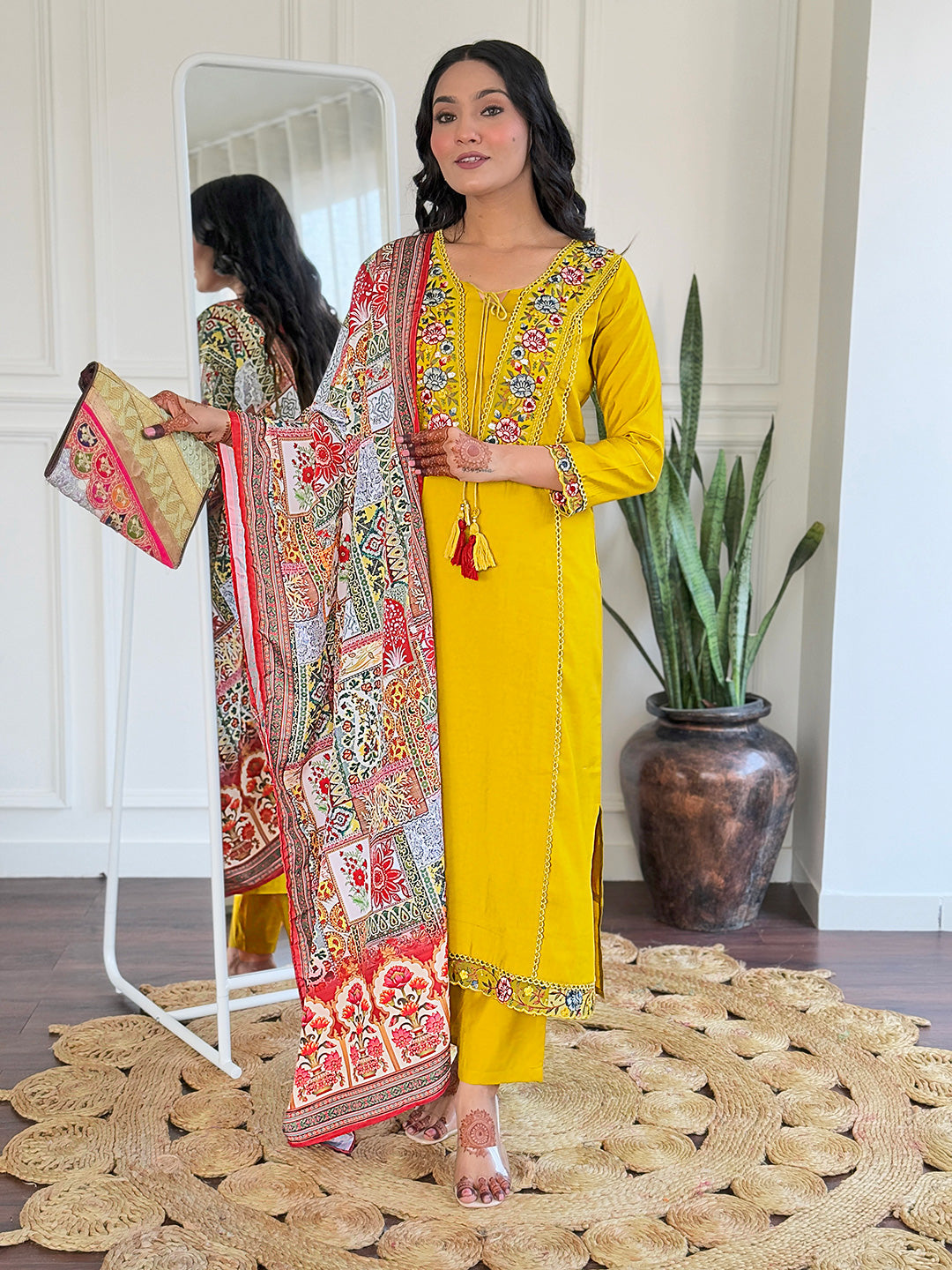 Mustard Floral Embroidered Kurta Pant Set
