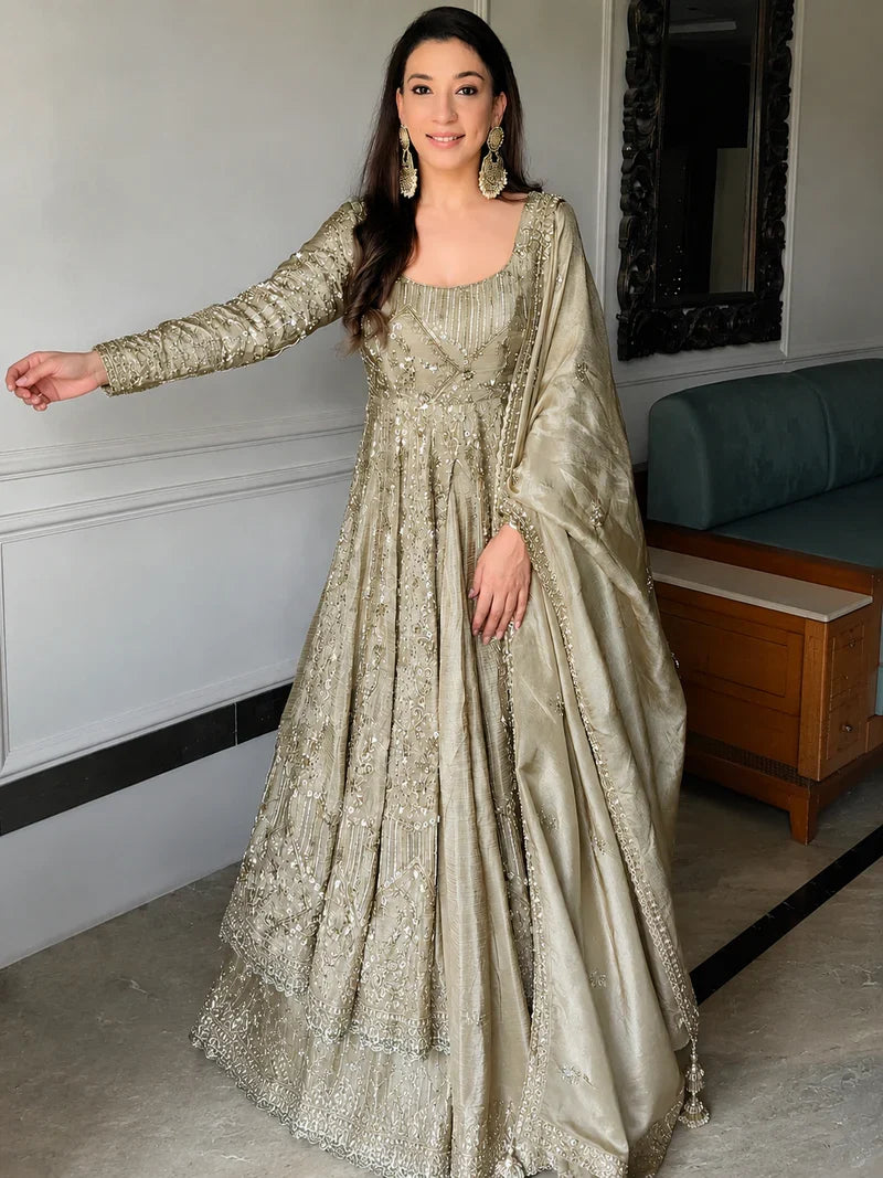 Grey Designer Embroidered Anarkali Suit Set
