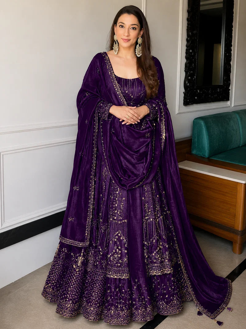 Purple Crunchy Silk Embroidered Anarkali Suit Set
