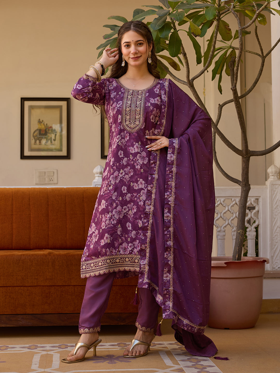 Purple Floral Printed Suit Sets