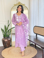 Lavender Cotton Embroidered Kurta Pant Set