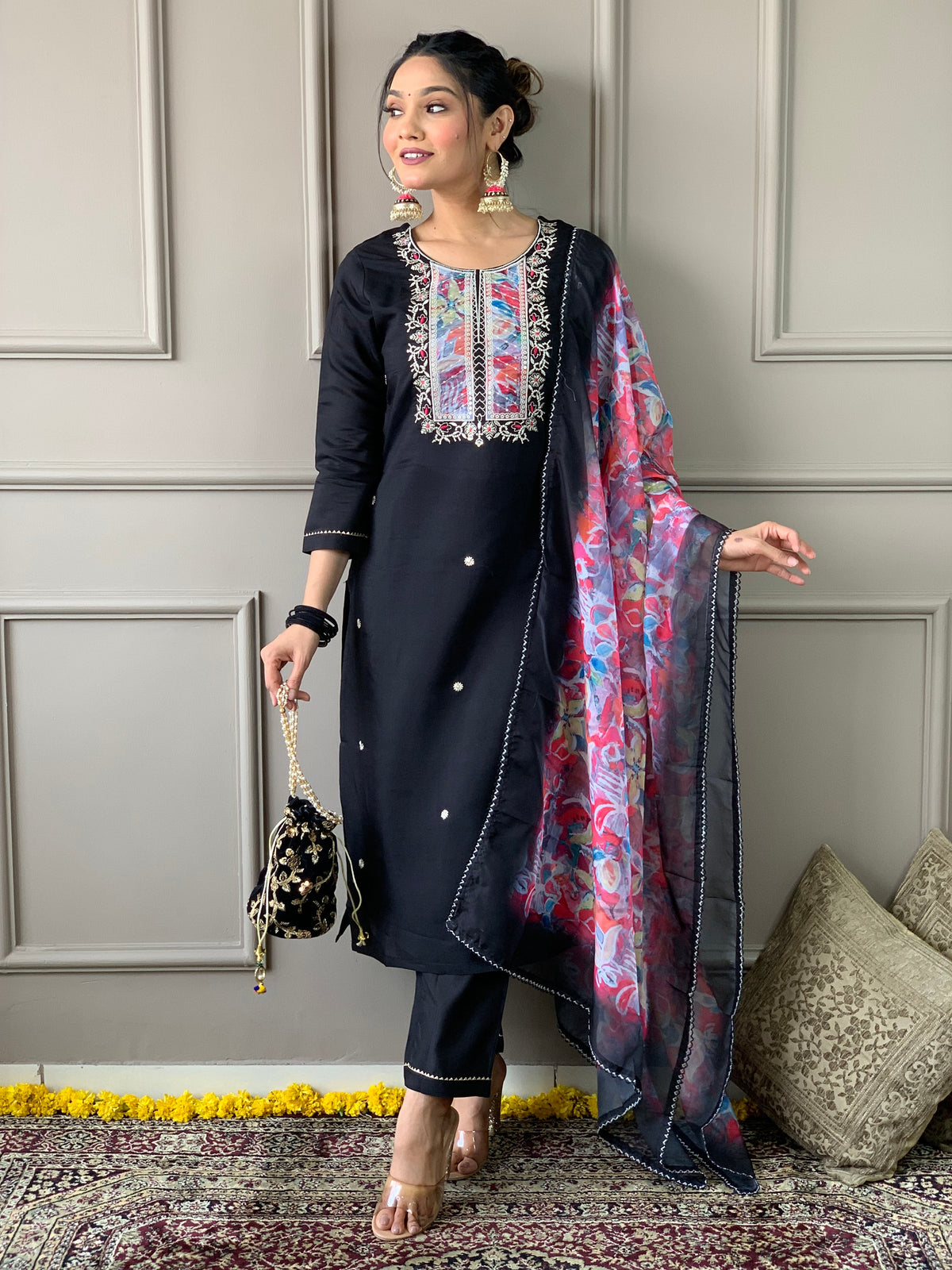 Midnight Black Floral Kurta Set