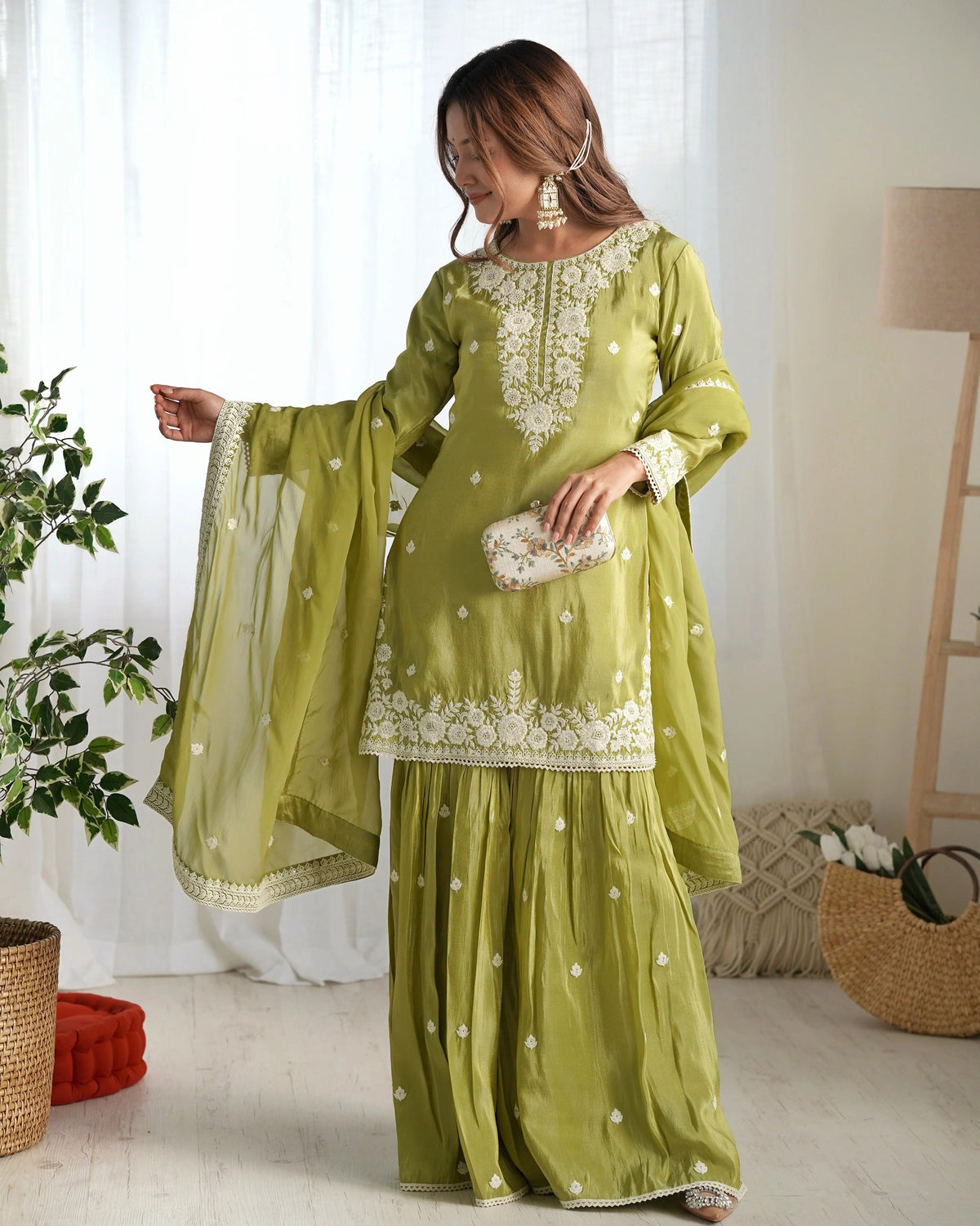 Olive Sage Embellished French Crepe Kurta Sharara Set