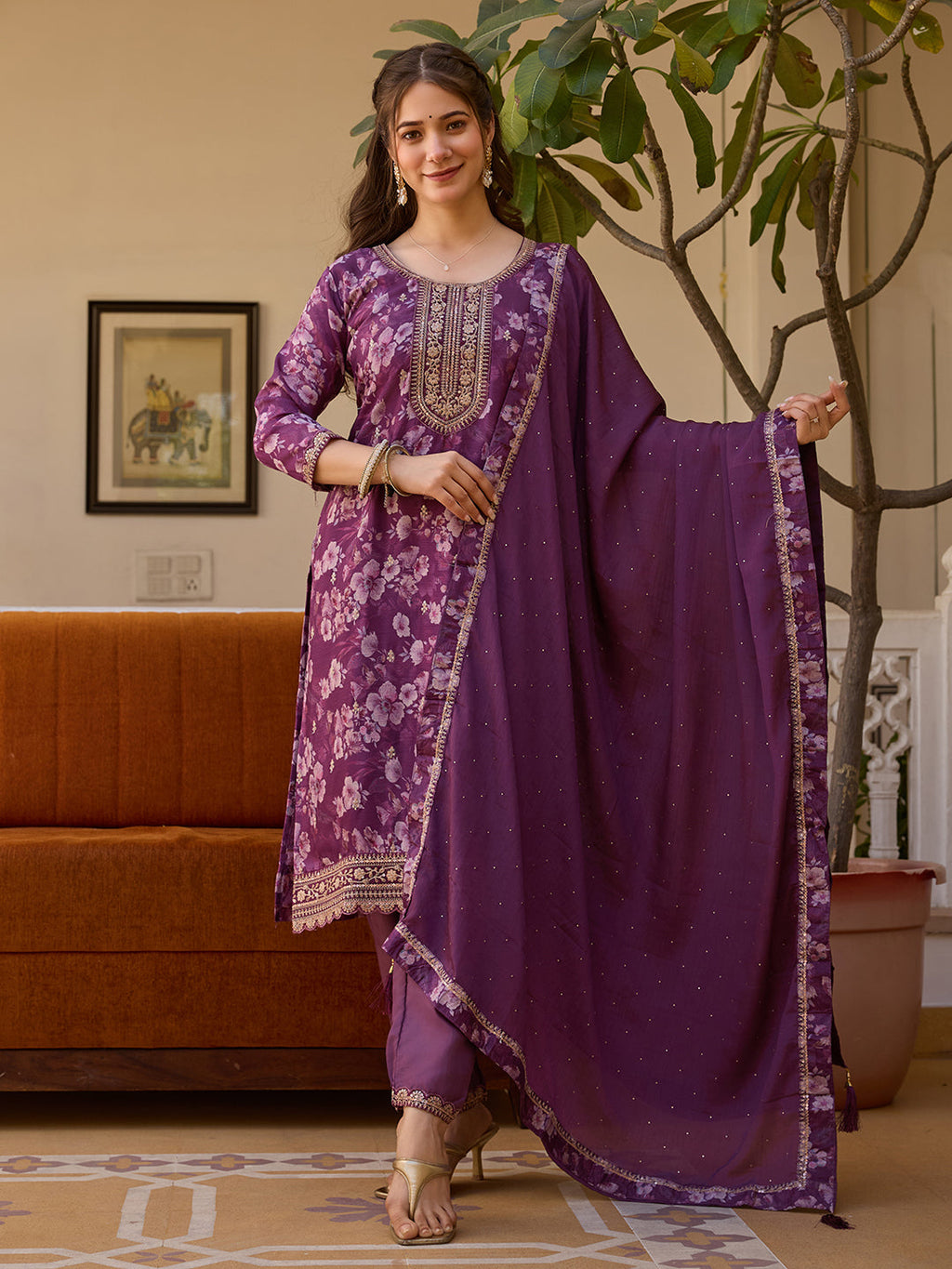 Purple Floral Printed Suit Sets