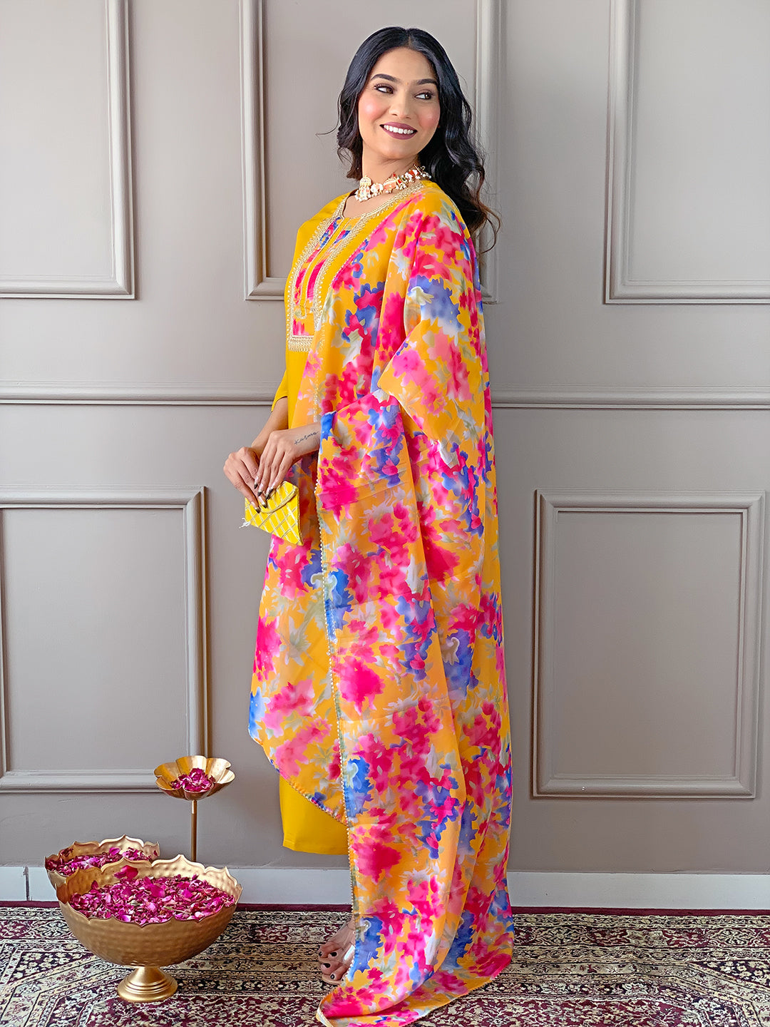 Mustard Yellow Floral Dupatta Kurta Pant Set
