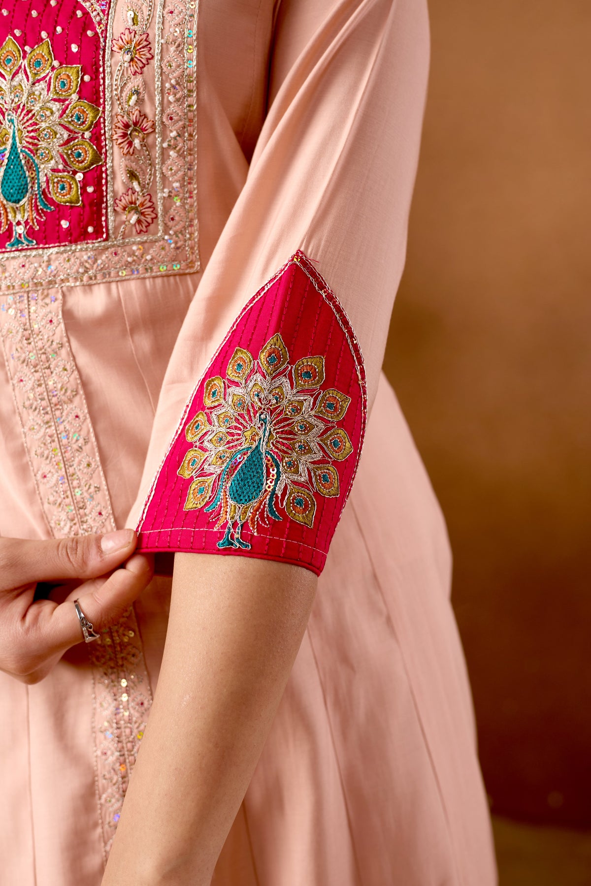 Graceful Peach Roman Silk Kurti Ensemble
