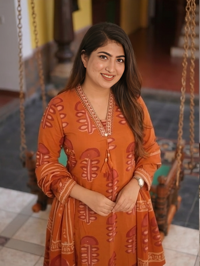 Tangerine Jaipuri Block Pattern Mul Cotton Suit