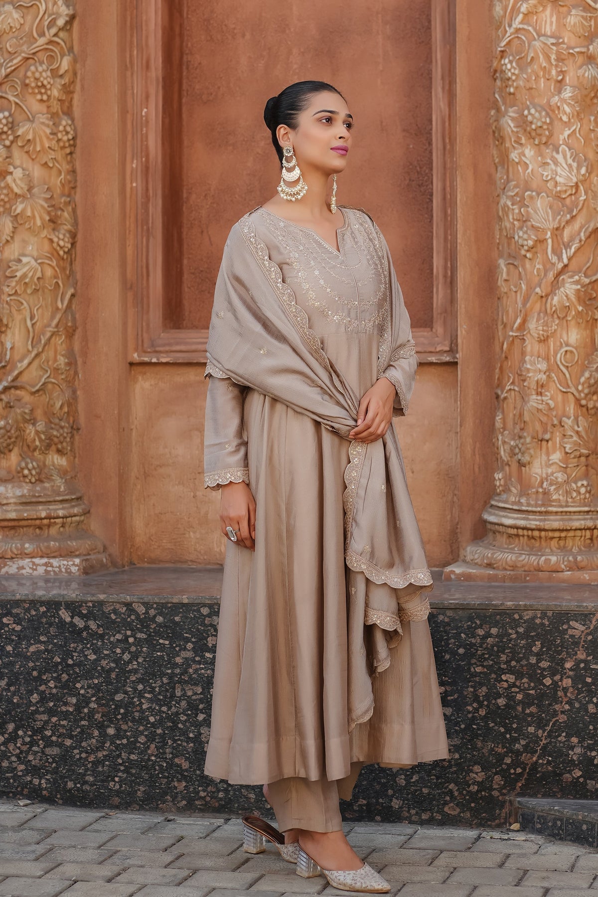 Beige Embroidered Vichitra Silk Anarkali Suit Set