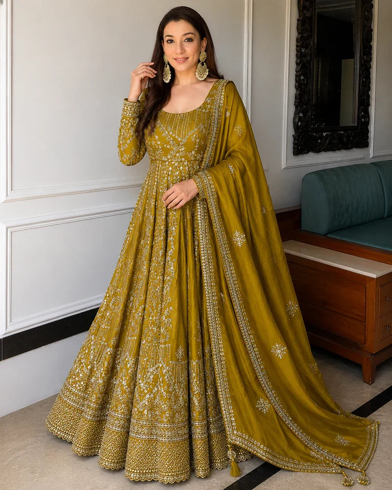 Mustard Embroidered Anarkali Suit Set