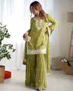 Olive Sage Embellished French Crepe Kurta Sharara Set