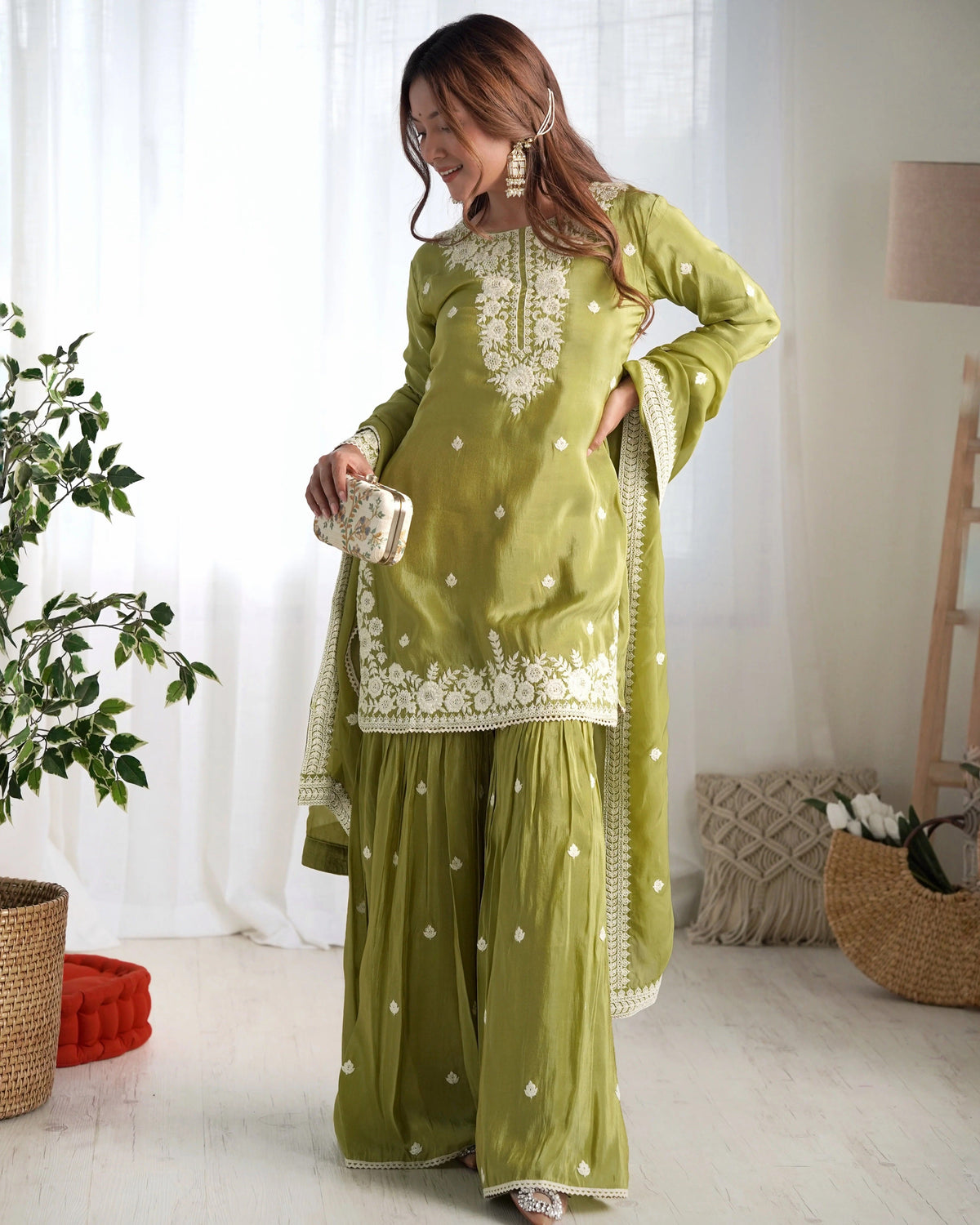 Olive Sage Embellished French Crepe Kurta Sharara Set