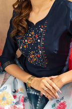 Deep Navy Viscose Silk Multi Embellished Suit Ensemble