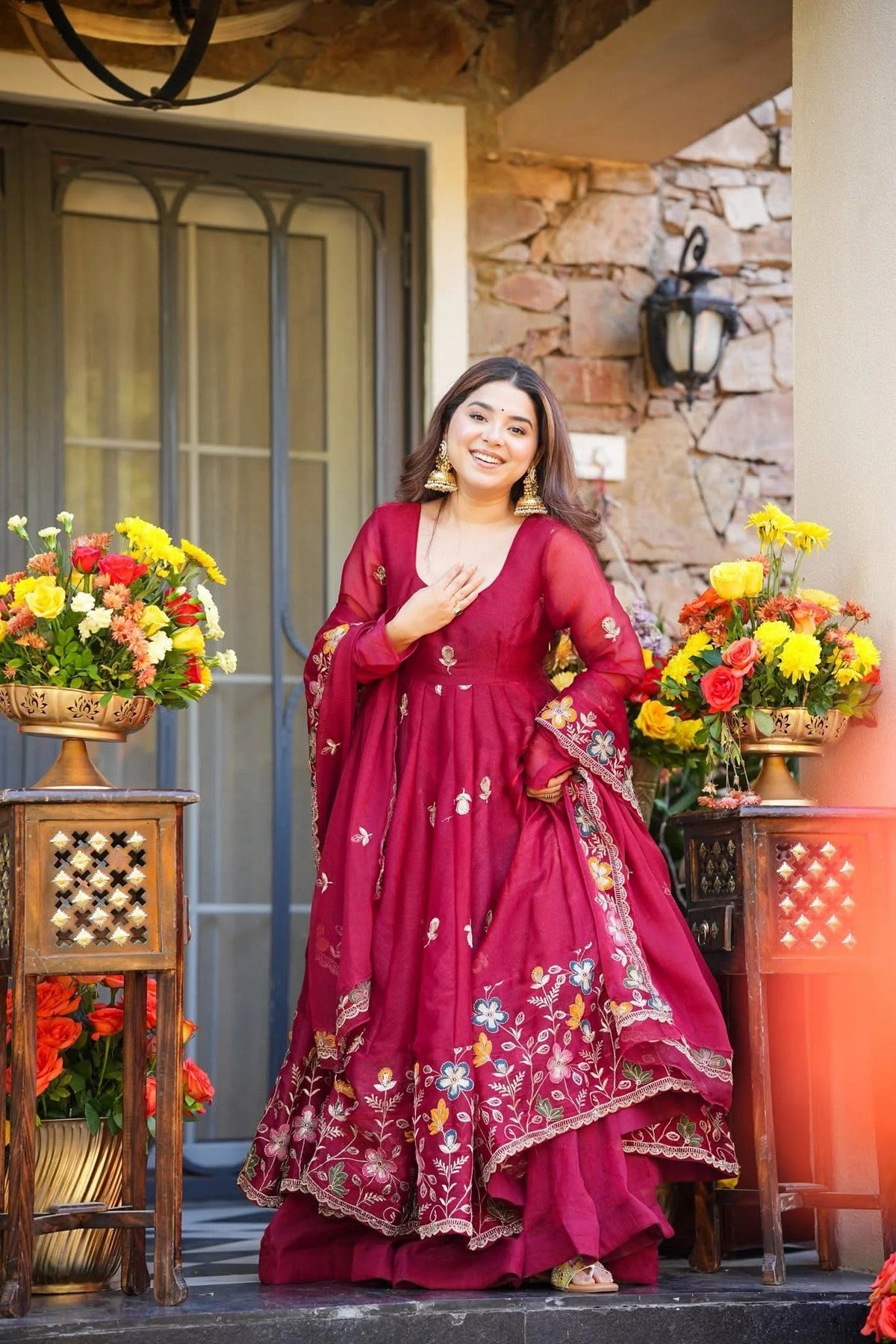 Wine Botanical Embellished Crunchy Silk Anarkali Suit Ensemble