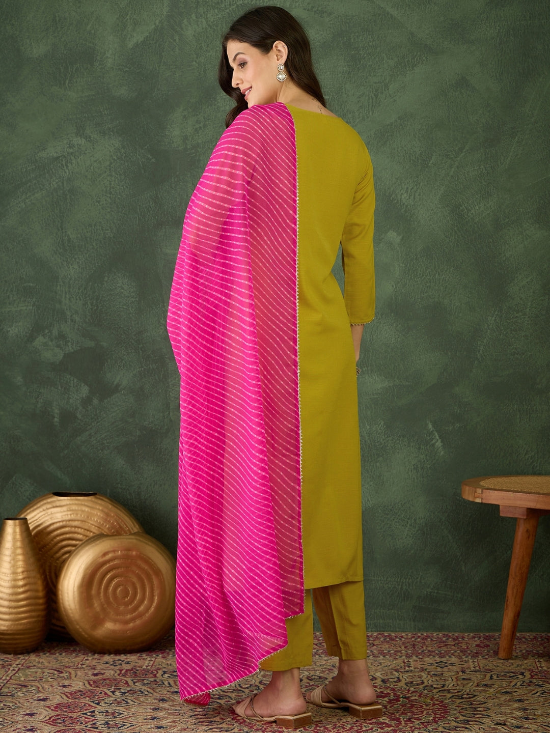 Lime Green Embroidered Chanderi Suit Sets