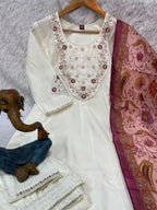 Graceful Off-White Luxe Marina Silk Embellished Kurti, Pant & Dupatta Ensemble