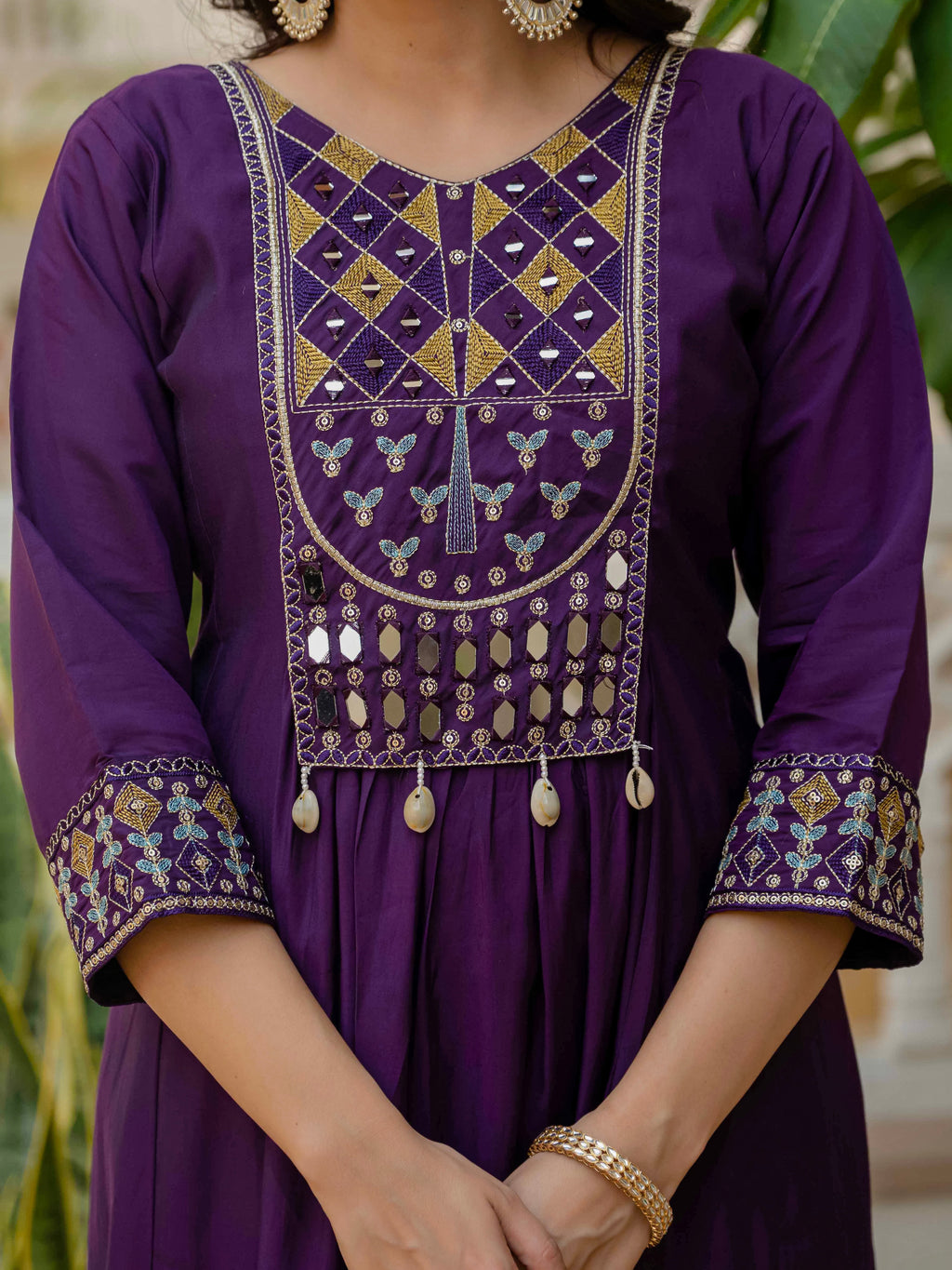 Royal Purple Viscose Roman Silk Anarkali Kurti & Pant Ensemble