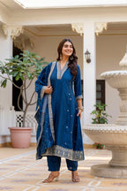 Deep Navy Vichitra Silk Embellished Anarkali Suit Ensemble