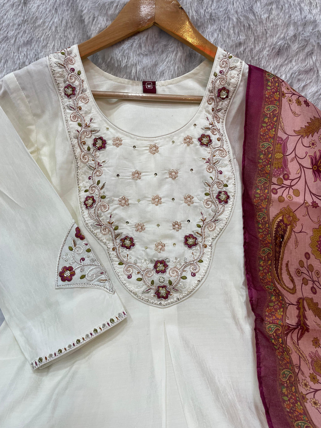 Graceful Off-White Luxe Marina Silk Embellished Kurti, Pant & Dupatta Ensemble