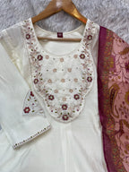 Graceful Off-White Luxe Marina Silk Embellished Kurti, Pant & Dupatta Ensemble