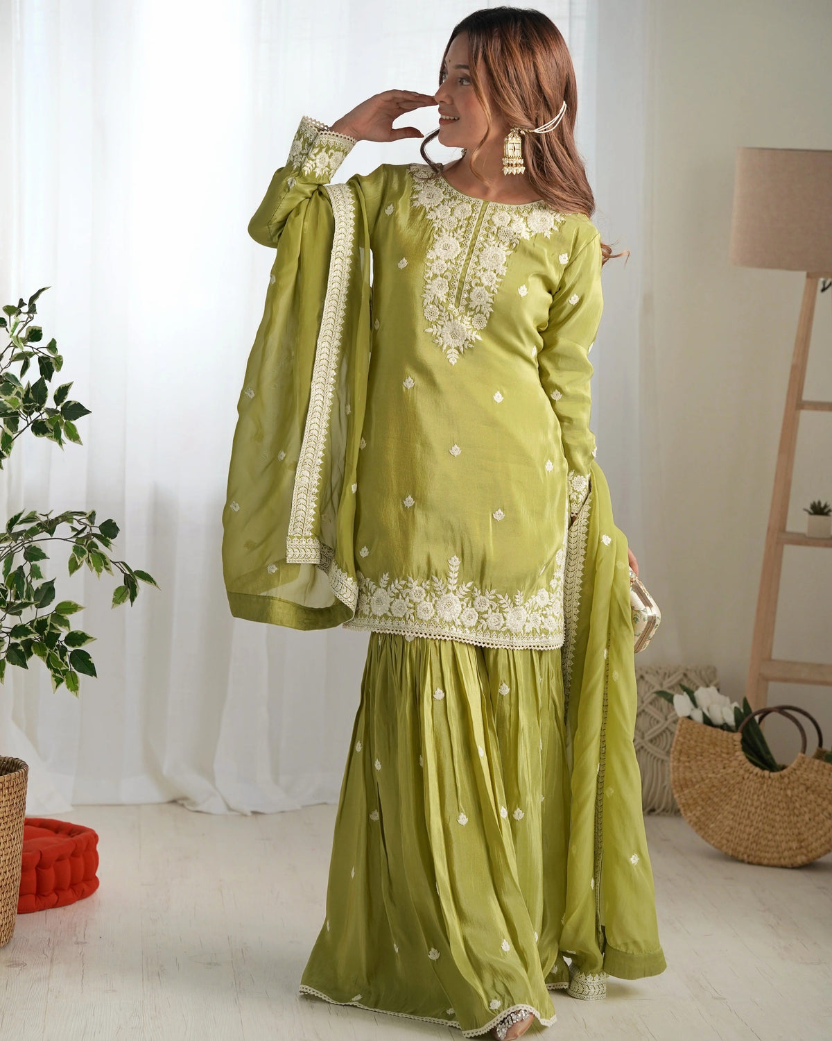 Olive Sage Embellished French Crepe Kurta Sharara Set