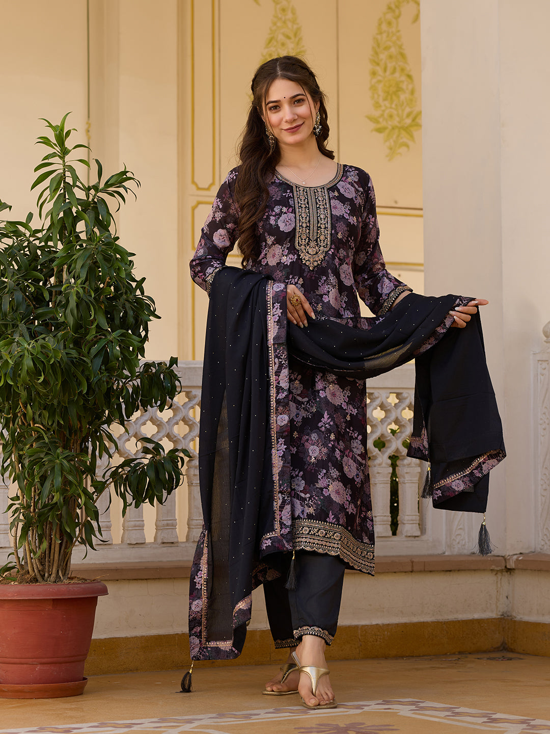 Black Floral Printed Suit Sets