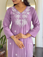 Lavender Cotton Embroidered Kurta Pant Set