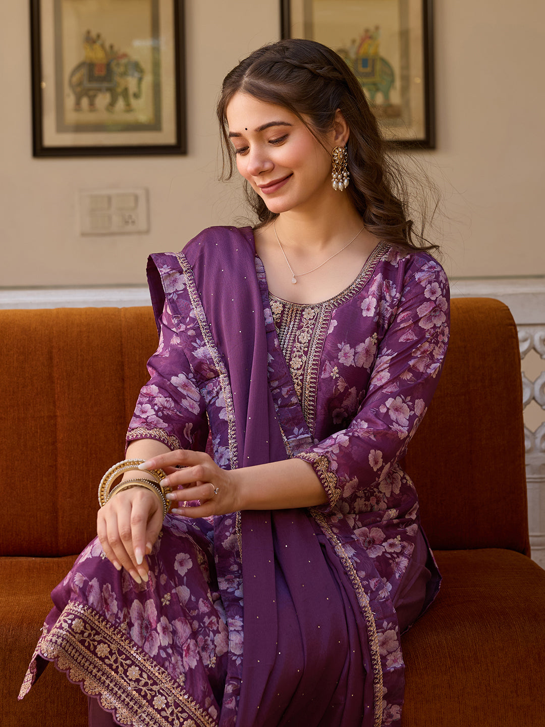 Purple Floral Printed Suit Sets
