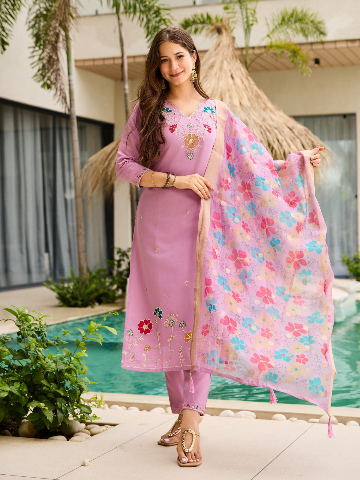 Blush Pink Viscose Gadhwal Embellished Kurta, Pant & Dupatta Ensemble