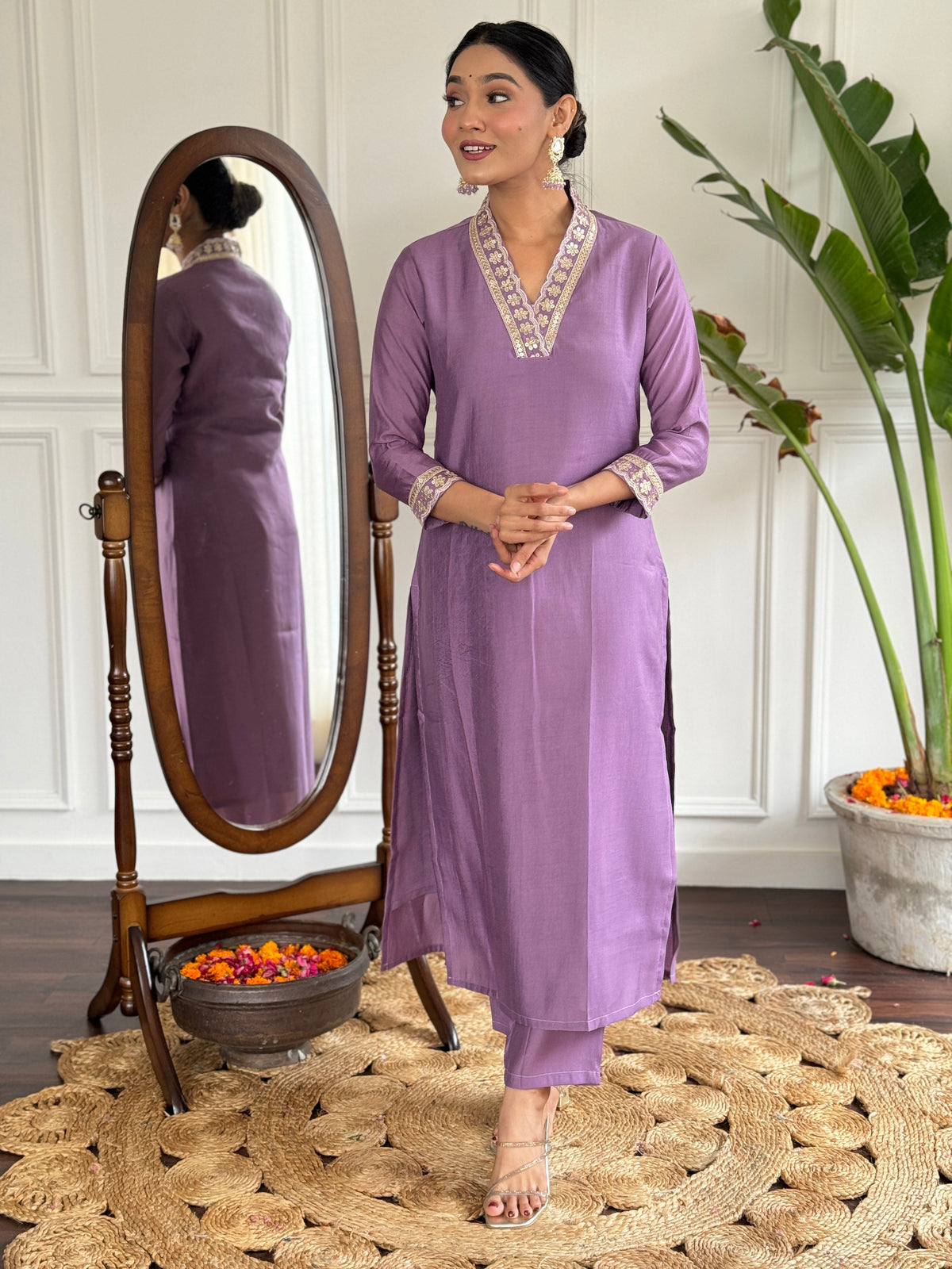 Lavender Embroidered Kurta Pant Set