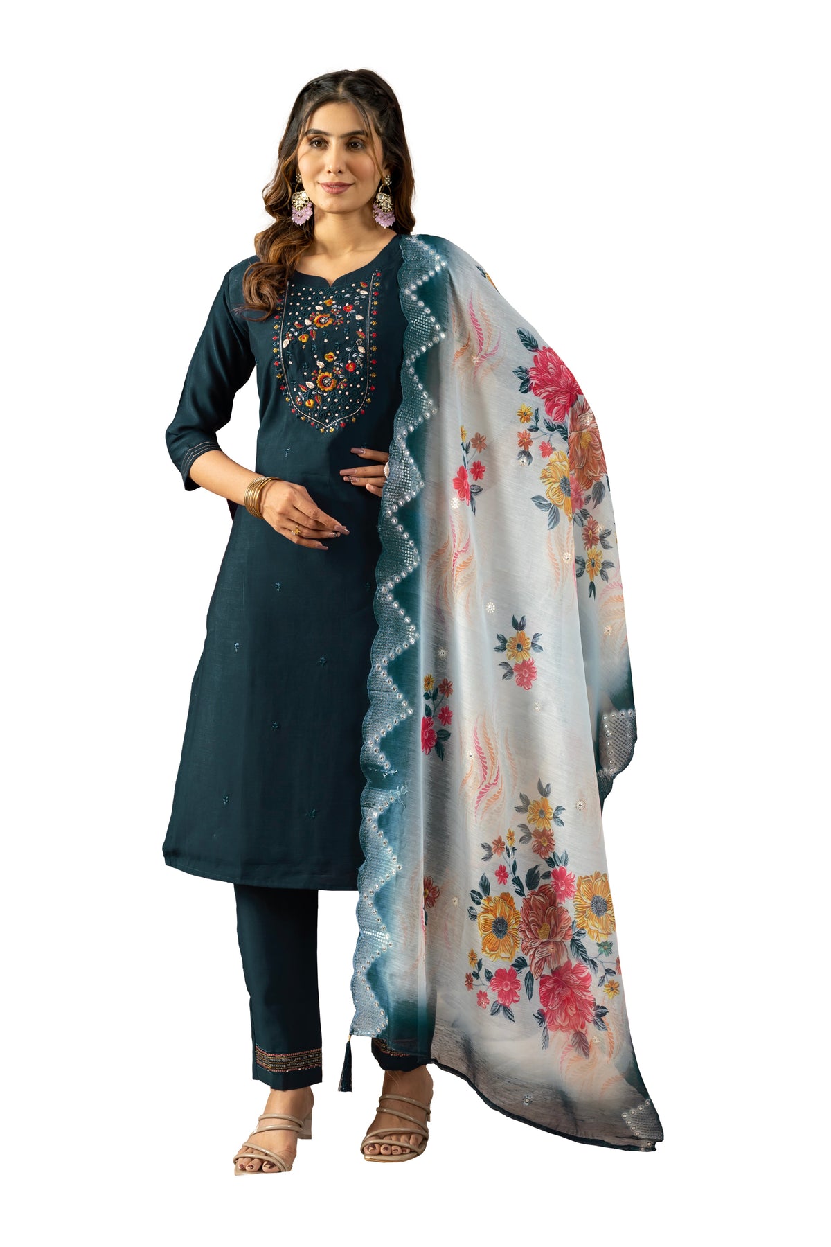 Deep Navy Viscose Silk Multi Embellished Suit Ensemble