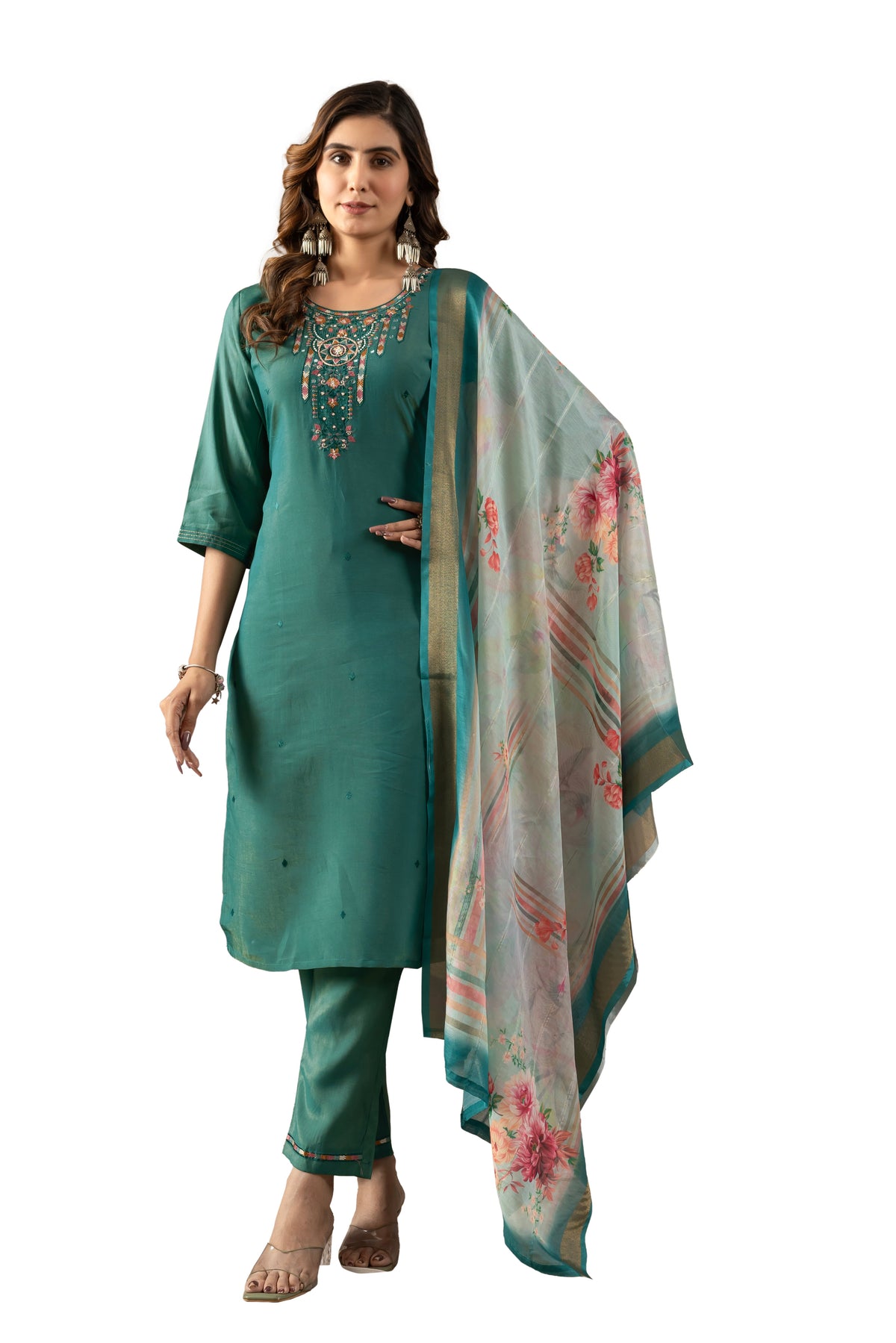 Rama Green Shimmer Gold Silk Multi Embellished Suit Ensemble