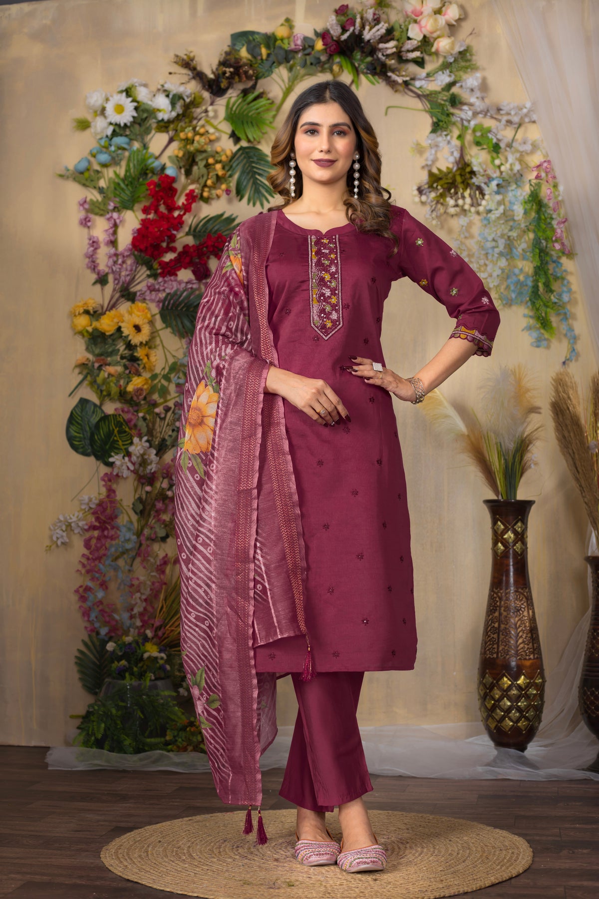 Cerise Rose Roman Silk Multi Embellished Suit Ensemble