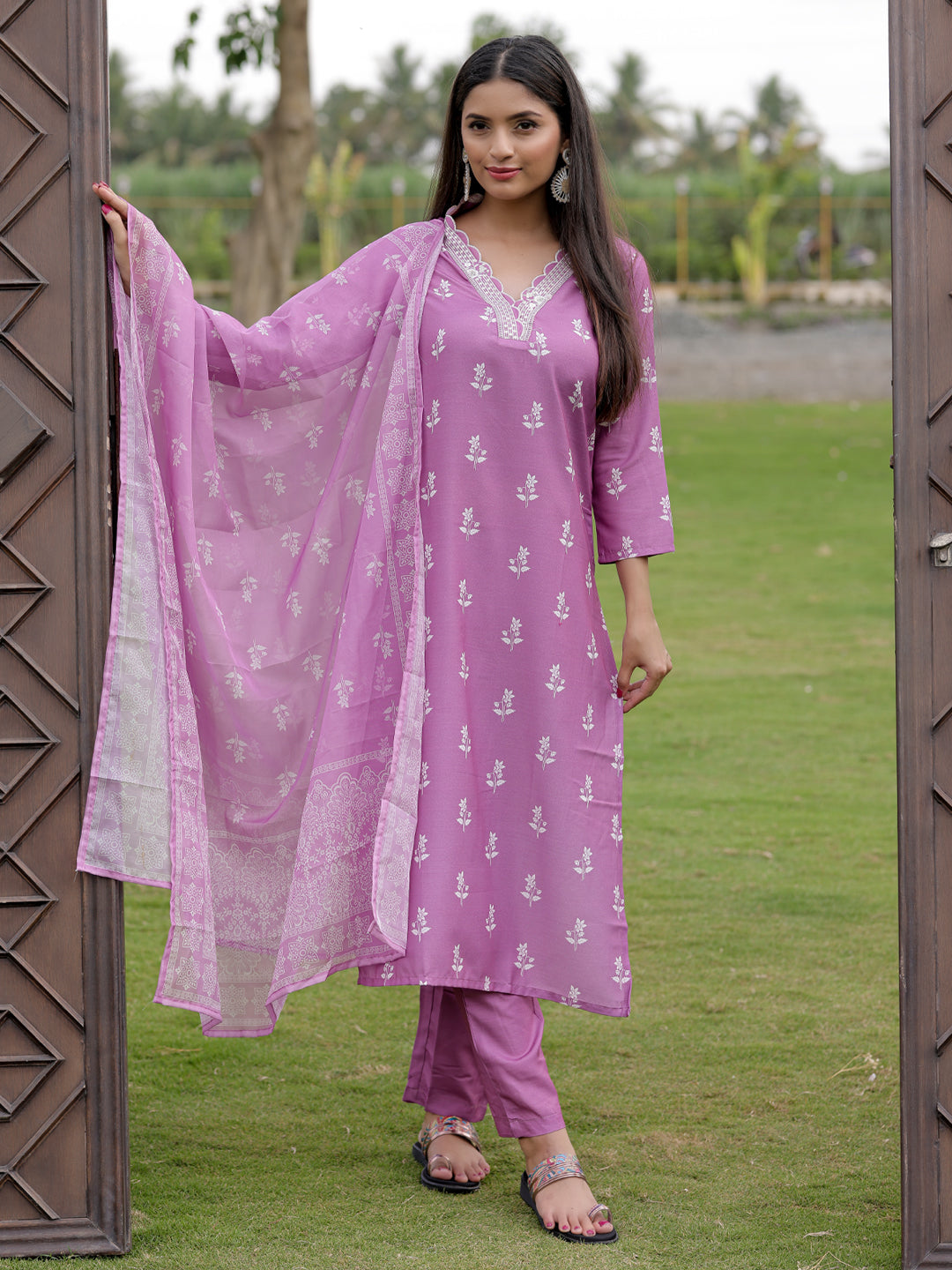 Mauve Cotton Embroidered Kurta Pant Set