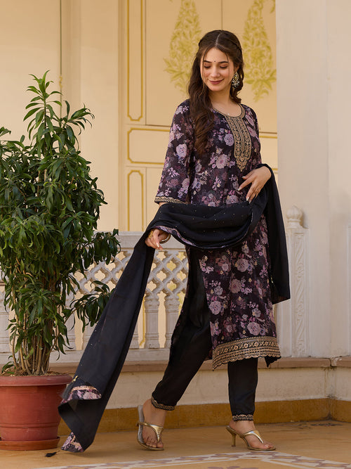 Black Floral Printed Suit Sets